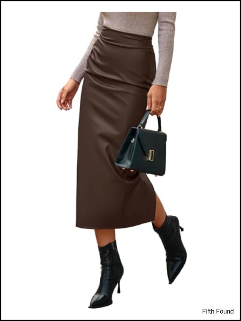 Faux Leather Midi Pencil Skirt High Waisted Back Slit Business Casual